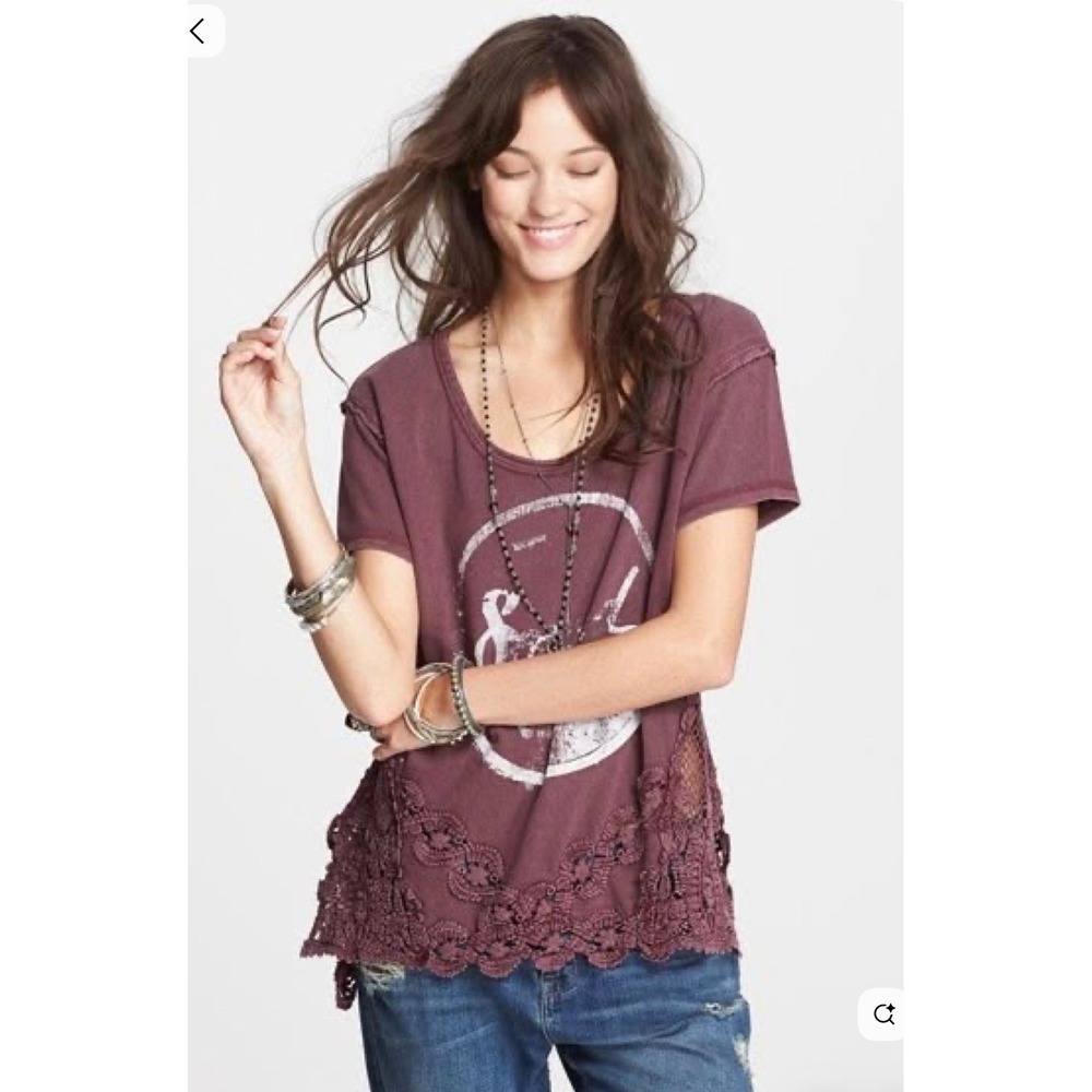 Free People The Graphic Stone Tee Plum Wine Crochet Lace Trim Top XS NWT